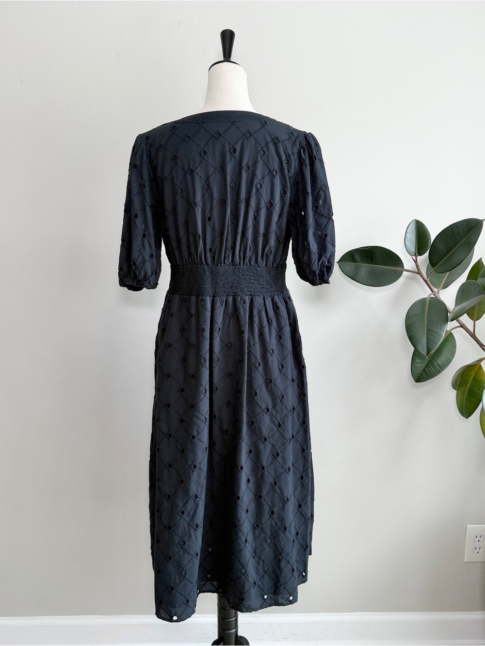 A New Day Midi Dress Cotton Eyelet Pockets Black Cottage Prairie Size L - Picture 7 of 9